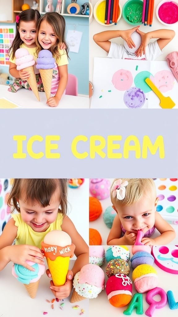 Preschool children engaged in ice cream art activities, including crafting and painting.